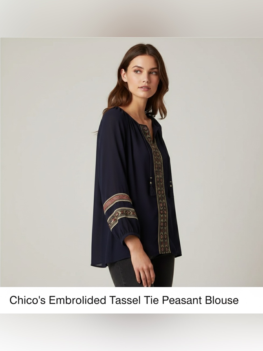 Chico's Embroidered Tassel Tie Peasant Blouse Navy Blue Size S